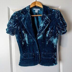 Fresh Twist Teal Silk Velvet Ruched Short Sleeve Jacket